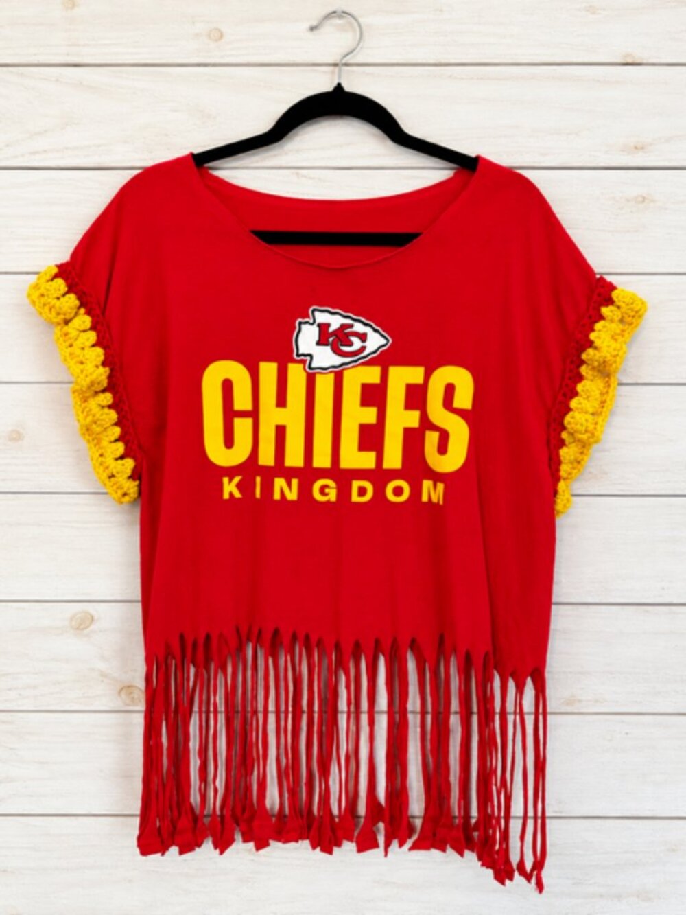 Kansas City Chiefs Kingdom Custom Crochet Fringe Game Day Tee